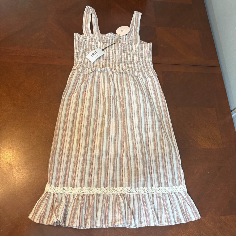 Lucca Linen Cotton Striped‎ Smocked Midi Dress Ruffle Hem Boho Cottagecore S